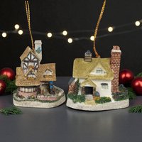 Pair of Vintage David Winter Cottage Ornaments: Buttercup Cottage and Flower Shop (1995)