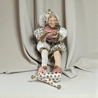 Vintage Pink Gold White Jester Doll, Large Sitting Harlequin Figure, Unique Decor Clown
