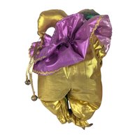 Vintage Gold Purple Jester Doll, Small Harlequin Figurine, Elegant Clown Decor
