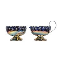 Vintage English Silverplated Blue Glass Creamer Sugar Bowl Set Celtic Design Tableware Gift for Hostess