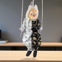 Vintage Moon and Stars Clown Doll, Black White Porcelain Swing Figure, Celestial Circus Decor, Collectible