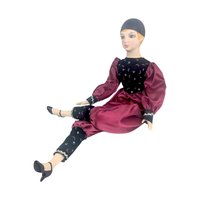Vintage Pierrot Clown Doll, Porcelain Harlequin with Burgundy Red and Black Celestial Moons Stars Outfit, 18 Inch Gothic Decor Doll