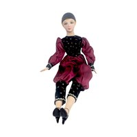 Vintage Pierrot Clown Doll, Porcelain Harlequin with Burgundy Red and Black Celestial Moons Stars Outfit, 18 Inch Gothic Decor Doll