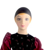Vintage Pierrot Clown Doll, Porcelain Harlequin with Burgundy Red and Black Celestial Moons Stars Outfit, 18 Inch Gothic Decor Doll