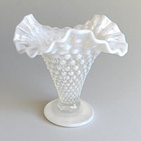 Vintage Fenton Moonstone Hobnail Vase: Opalescent Milk Glass Ruffled Vase