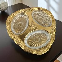 Vintage Copper Craft Serving Tray with Three Glass Dishes, Ornate Party Platter, Decorative Appetizer Server