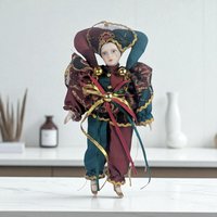Vintage Porcelain Jester Clown Figurine, 8.25" Sad Clown Doll, Harlequin Decor, Whimsical Gift, Collectible Jester Figure
