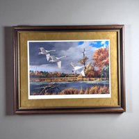 David A. Maass "Autumn at Baker - Trumpeter Swans" Framed Print, Signed Wildlife Art, Vintage Bird Decor, Swan Landscape Painting