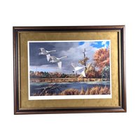 David A. Maass "Autumn at Baker - Trumpeter Swans" Framed Print, Signed Wildlife Art, Vintage Bird Decor, Swan Landscape Painting