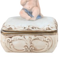 Vintage Bisque Porcelain Trinket Box: Baby with Blue Blanket