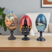 Vintage Hand-Painted Wooden Easter Eggs, Russian Folk Art Decor, Farmhouse, Church Scene, Gift for Collector