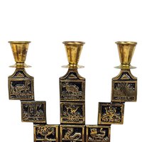 Vintage Goldtone & Black Enamel Astrological Candelabra, 3 Arm Candlestick Holder, Zodiac Candle Holder, Celestial Decor