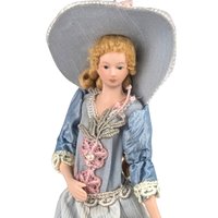 Vintage Porcelain Victorian Tassel Doll, Blue Dress, Umbrella, Hat, Display Doll, Dresser Doll, Gift for Doll Collector
