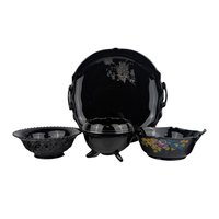 Vintage Black Glass Bowl Set: LE Smith Plate & Hand-Painted Floral Bowl