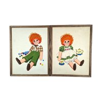 Vintage Carrot Top Boy and Girl Needlepoint, Framed Needlepoint Wall Art, Children's Decor, Nursery Decor, 19x15 Inches