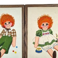 Vintage Carrot Top Boy and Girl Needlepoint, Framed Needlepoint Wall Art, Children's Decor, Nursery Decor, 19x15 Inches