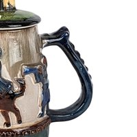 Vintage Stoneware Lidded Stein, Native American Horse Riders, Figural Lid, 9 Inches