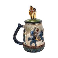 Vintage Stoneware Lidded Stein, Native American Horse Riders, Figural Lid, 9 Inches