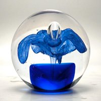Vintage Glass Paperweight: Blue Flower Center, Floral Desk Accessory (2.25" Round)