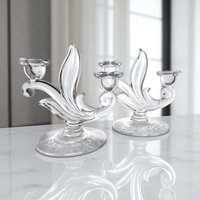 Vintage 1950s First Love Double Candlesticks: Duncan Miller Glass with Etched Floral Design
