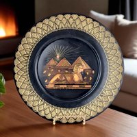 Vintage Egyptian Brass Plate: Etched Sphinx & Pyramids Wall Hanging Decor