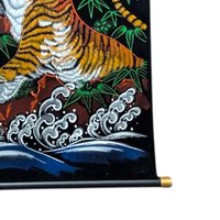Vintage Japanese Tiger Eagle Velvet Handpainted Scroll Wall Art