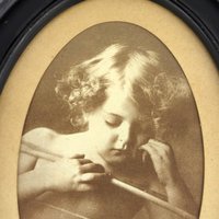 Vintage Cupid Asleep Framed Print by M.B. Parkinson - Romantic Wall Decor - Cherub Art - Oval Frame