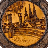 Vintage Carved Wood Burned Romanian Plate, Zagreb Cityscape Wall Decor, Romanian Folk Art, Gift for Collector, Ethnic Decor, 10.25 Inches