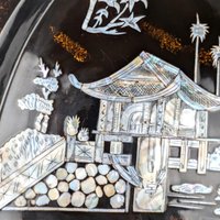 Vintage Black Lacquer Asian Shell Inlaid Wall Hanging, 23.5x16", Mother of Pearl Art, Oriental Decor, Gift for Asian Art Lovers