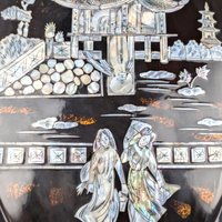 Vintage Black Lacquer Asian Shell Inlaid Wall Hanging, 23.5x16", Mother of Pearl Art, Oriental Decor, Gift for Asian Art Lovers