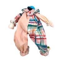 Vintage Handmade Wood Block Clown Doll, Plaid and Pink Outfit, Collectible Toy, Unique Gift