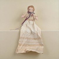 Vintage Handmade Cloth Doll: Long Lace Dress & Bonnet, Folk Art Decor