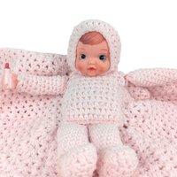 Vintage Crocheted Pink Baby Doll with Attached Blanket, Handmade Nursery Decor Toy, Baby Shower Keepsake Gift for Girl