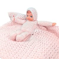 Vintage Crocheted Pink Baby Doll with Attached Blanket, Handmade Nursery Decor Toy, Baby Shower Keepsake Gift for Girl
