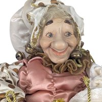 Vintage Pink Gold White Jester Doll, Large Sitting Harlequin Figure, Unique Decor Clown