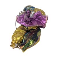 Vintage Gold Purple Jester Doll, Small Harlequin Figurine, Elegant Clown Decor