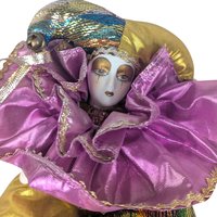 Vintage Gold Purple Jester Doll, Small Harlequin Figurine, Elegant Clown Decor
