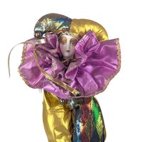 Vintage Gold Purple Jester Doll, Small Harlequin Figurine, Elegant Clown Decor