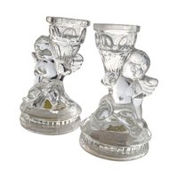 Vintage K's Collection Cherub Candle Holders, Clear Glass Angel Candlestick Pair, 4" Taper Candle Holders, Home Decor