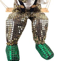Vintage Porcelain Clown Doll on Swing, Green Gold Sequin Clown Figure, Hanging Circus Decor, Collectible Clown