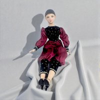 Vintage Pierrot Clown Doll, Porcelain Harlequin with Burgundy Red and Black Celestial Moons Stars Outfit, 18 Inch Gothic Decor Doll
