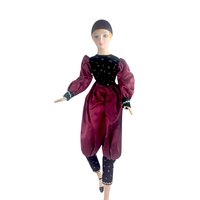 Vintage Pierrot Clown Doll, Porcelain Harlequin with Burgundy Red and Black Celestial Moons Stars Outfit, 18 Inch Gothic Decor Doll
