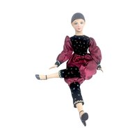 Vintage Pierrot Clown Doll, Porcelain Harlequin with Burgundy Red and Black Celestial Moons Stars Outfit, 18 Inch Gothic Decor Doll