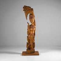 Vintage Hand-Carved Wooden Woman with Palm Frond Sculpture - 27" Tribal Art - Wood Statue - African Art