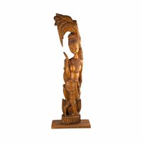 Vintage Hand-Carved Wooden Woman with Palm Frond Sculpture - 27" Tribal Art - Wood Statue - African Art