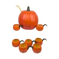 Vintage Ceramic Pumpkin Punch Bowl Set: Tureen, Ladle & 7 Cups - Fall Decor
