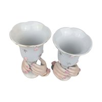 Vintage Ceramic Hand Candle Holders: Pink Roses, Gold Trim, Mid-Century Decor