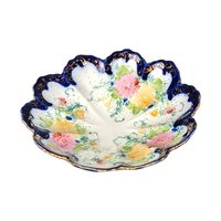 Vintage Hand-Painted Porcelain Bowl, Scalloped Floral Bowl, Cobalt Blue and Gold Trim, Decorative Bowl, Candy Dish