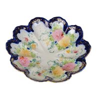 Vintage Hand-Painted Porcelain Bowl, Scalloped Floral Bowl, Cobalt Blue and Gold Trim, Decorative Bowl, Candy Dish