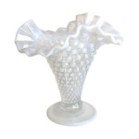 Vintage Fenton Moonstone Hobnail Vase: Opalescent Milk Glass Ruffled Vase